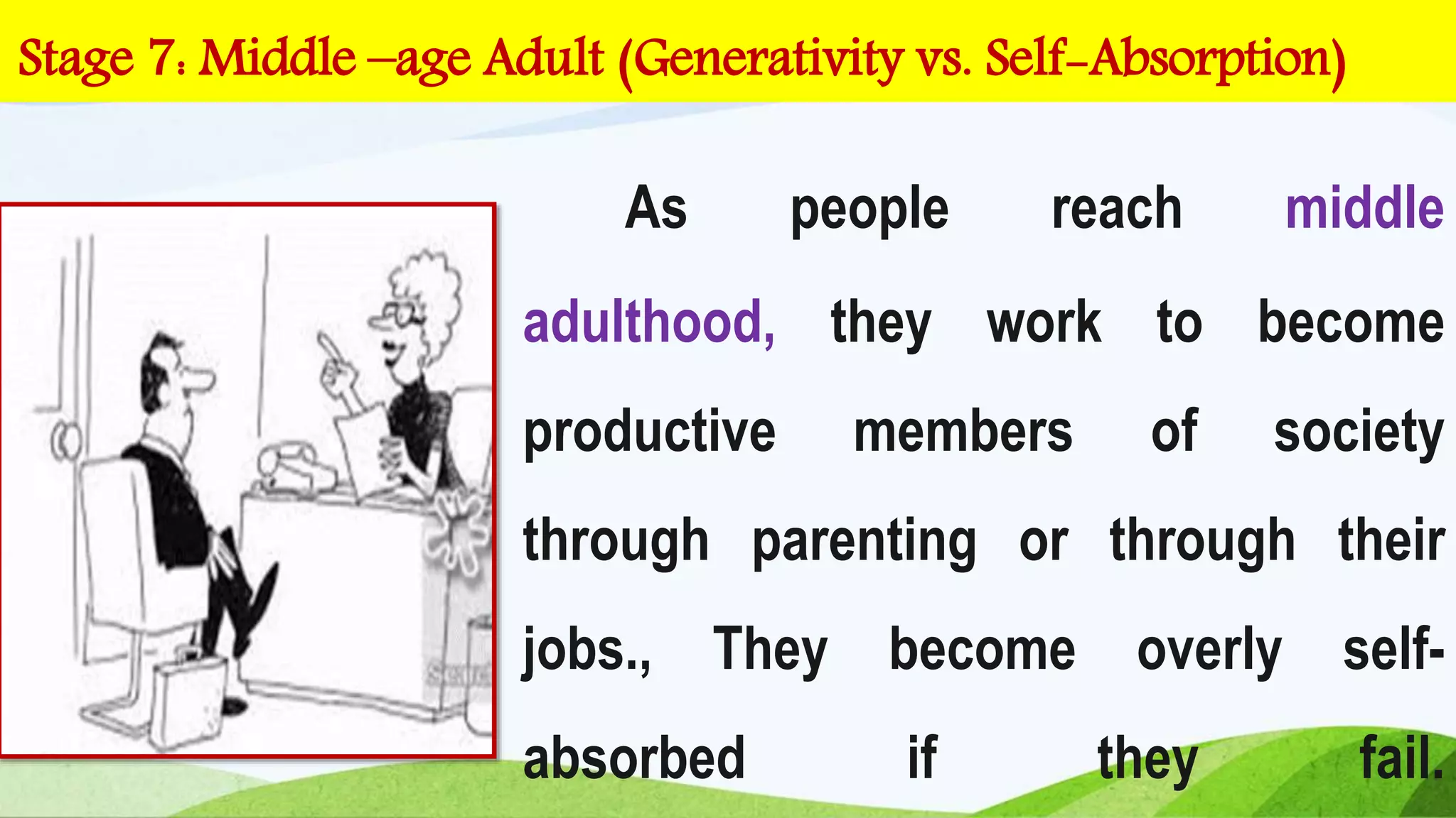 As people reach middle
adulthood, they work to become
productive members of society
through parenting or through their
jobs., They become overly self-
absorbed if they fail.
Stage 7: Middle –age Adult (Generativity vs. Self-Absorption)
 