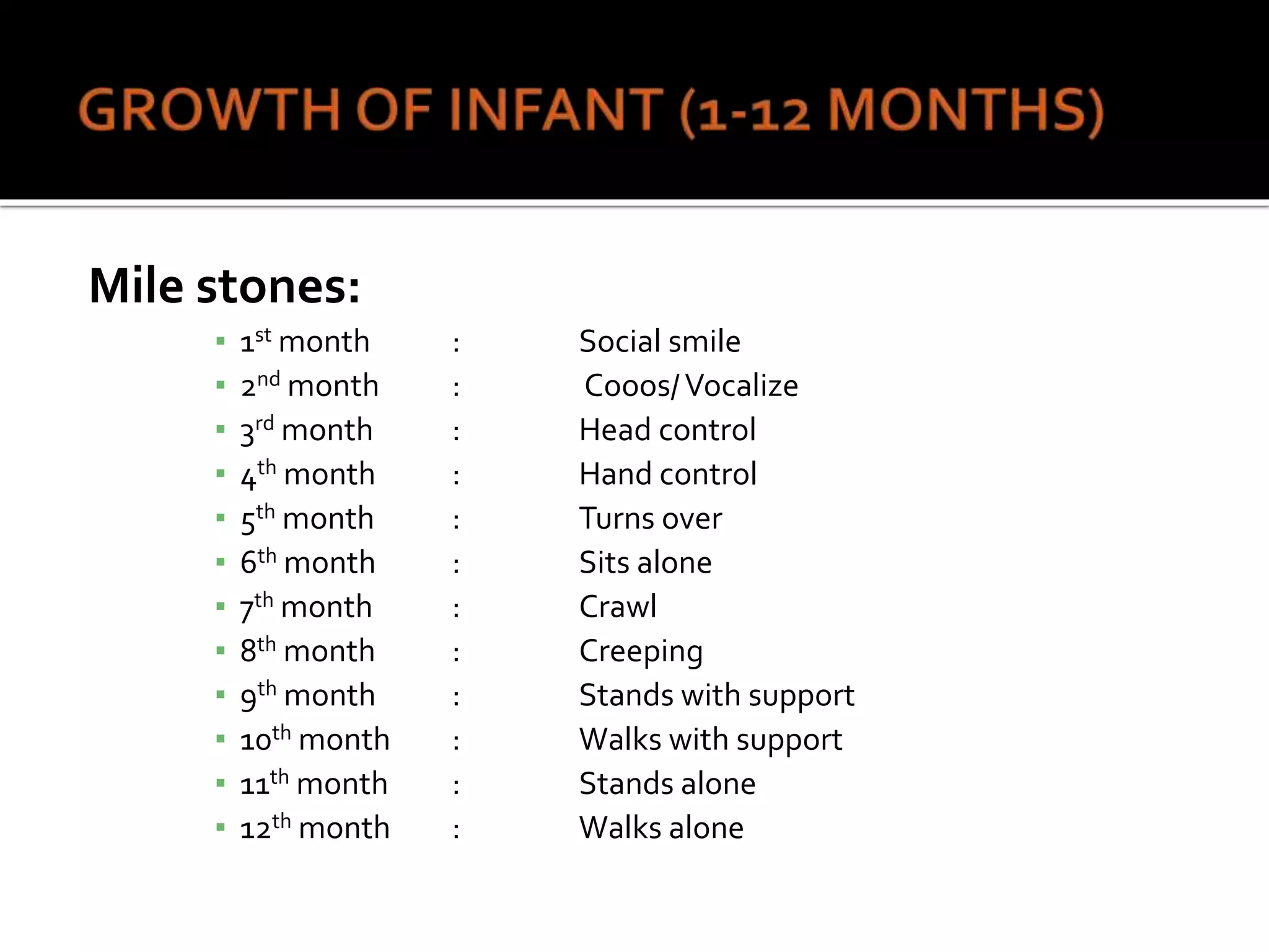 Mile stones:
▪ 1st month : Social smile
▪ 2nd month : Cooos/Vocalize
▪ 3rd month : Head control
▪ 4th month : Hand control
▪ 5th month : Turns over
▪ 6th month : Sits alone
▪ 7th month : Crawl
▪ 8th month : Creeping
▪ 9th month : Stands with support
▪ 10th month : Walks with support
▪ 11th month : Stands alone
▪ 12th month : Walks alone
 