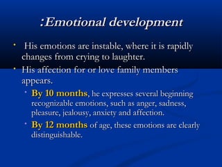 ::EEmmoottiioonnaall ddeevveellooppmmeenntt 
• HHiiss eemmoottiioonnss aarree iinnssttaabbllee,, wwhheerree iitt iiss rraappiiddllyy 
cchhaannggeess ffrroomm ccrryyiinngg ttoo llaauugghhtteerr.. 
• HHiiss aaffffeeccttiioonn ffoorr oorr lloovvee ffaammiillyy mmeemmbbeerrss 
aappppeeaarrss.. 
• BByy 1100 mmoonntthhss,, hhee eexxpprreesssseess sseevveerraall bbeeggiinnnniinngg 
rreeccooggnniizzaabbllee eemmoottiioonnss,, ssuucchh aass aannggeerr,, ssaaddnneessss,, 
pplleeaassuurree,, jjeeaalloouussyy,, aannxxiieettyy aanndd aaffffeeccttiioonn.. 
• BByy 1122 mmoonntthhss ooff aaggee,, tthheessee eemmoottiioonnss aarree cclleeaarrllyy 
ddiissttiinngguuiisshhaabbllee.. 
 