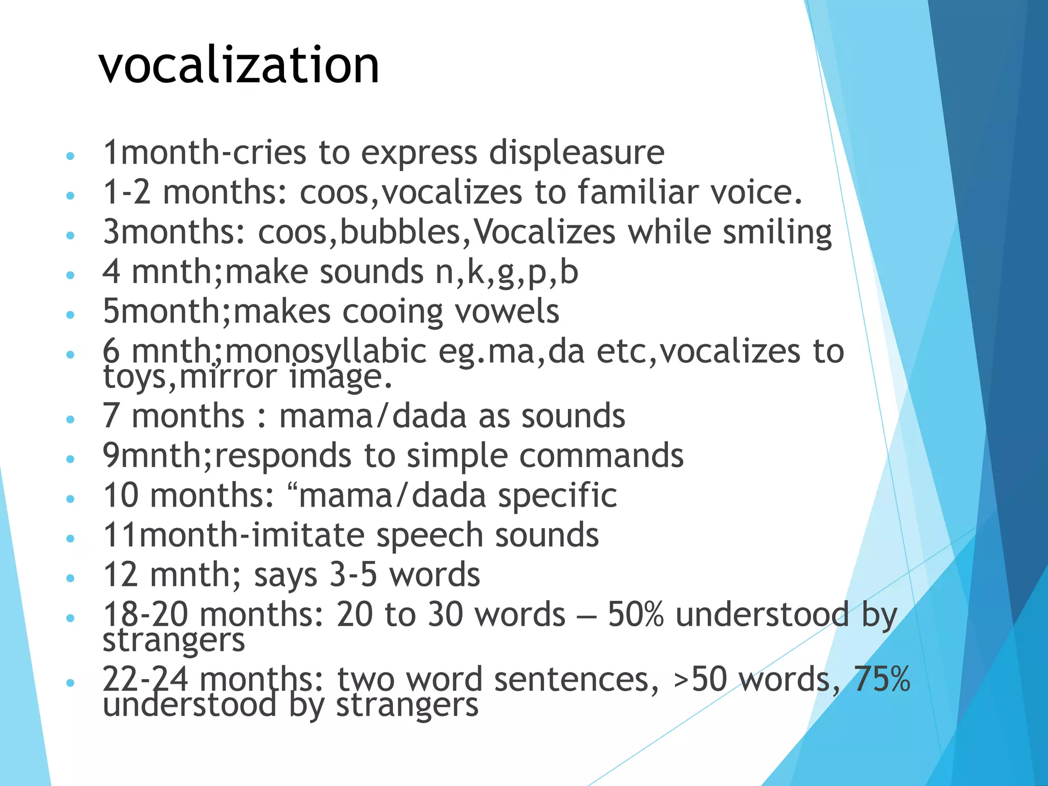 vocalization
• 1month-cries to express displeasure
• 1-2 months: coos,vocalizes to familiar voice.
• 3months: coos,bubbles,Vocalizes while smiling
• 4 mnth;make sounds n,k,g,p,b
• 5month;makes cooing vowels
• 6 mnth;monosyllabic eg.ma,da etc,vocalizes to
toys,mirror image.
• 7 months : mama/dada as sounds
• 9mnth;responds to simple commands
• 10 months: “mama/dada specific
• 11month-imitate speech sounds
• 12 mnth; says 3-5 words
• 18-20 months: 20 to 30 words – 50% understood by
strangers
• 22-24 months: two word sentences, >50 words, 75%
understood by strangers
 