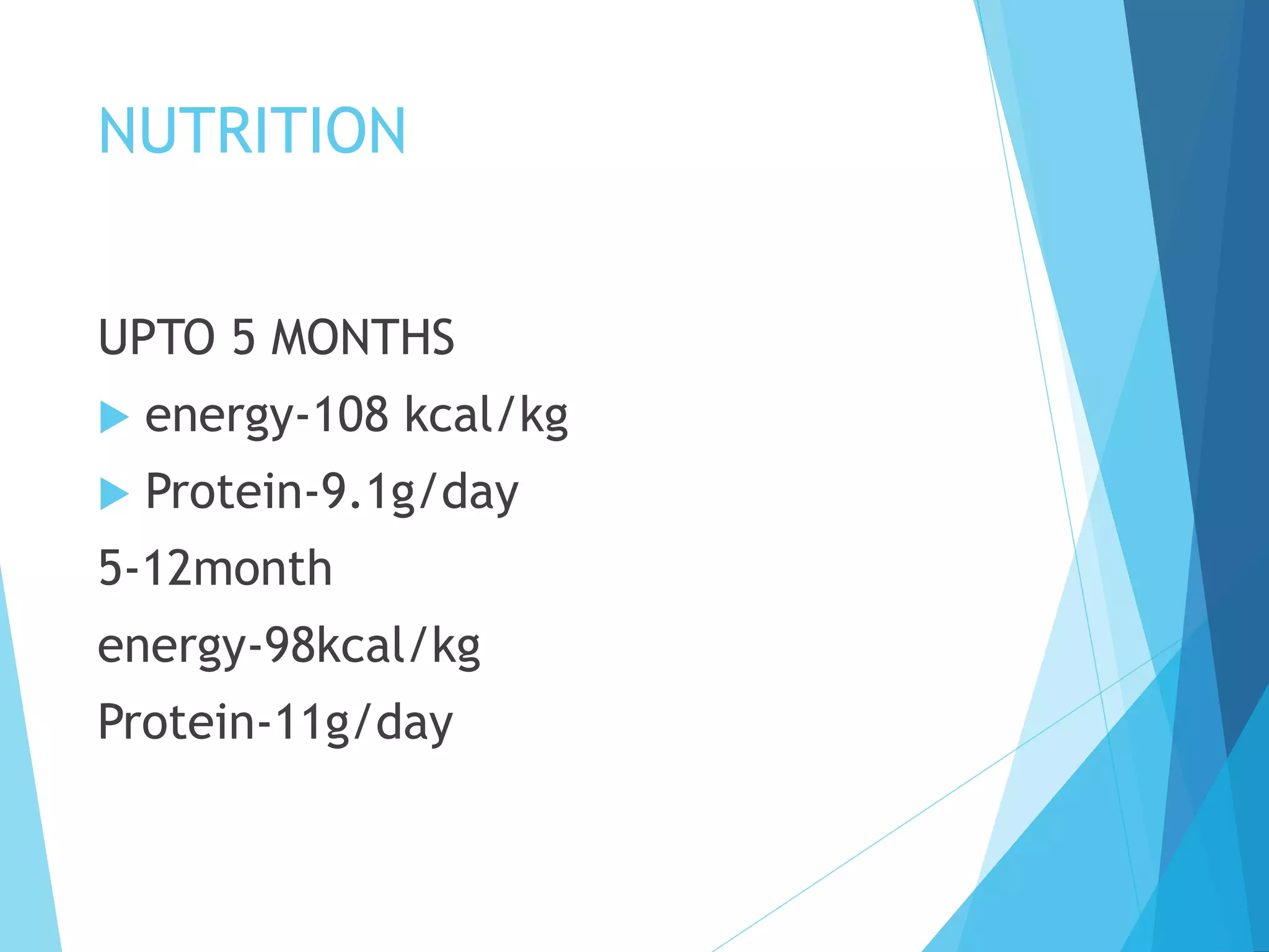 NUTRITION
UPTO 5 MONTHS
 energy-108 kcal/kg
 Protein-9.1g/day
5-12month
energy-98kcal/kg
Protein-11g/day
 