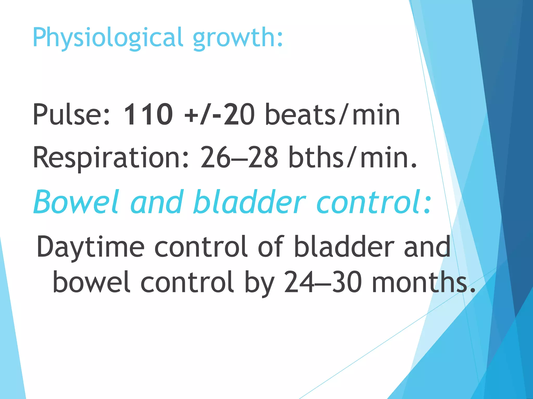 Physiological growth:
Pulse: 110 +/-20 beats/min
Respiration: 26–28 bths/min.
Bowel and bladder control:
Daytime control of bladder and
bowel control by 24–30 months.
 