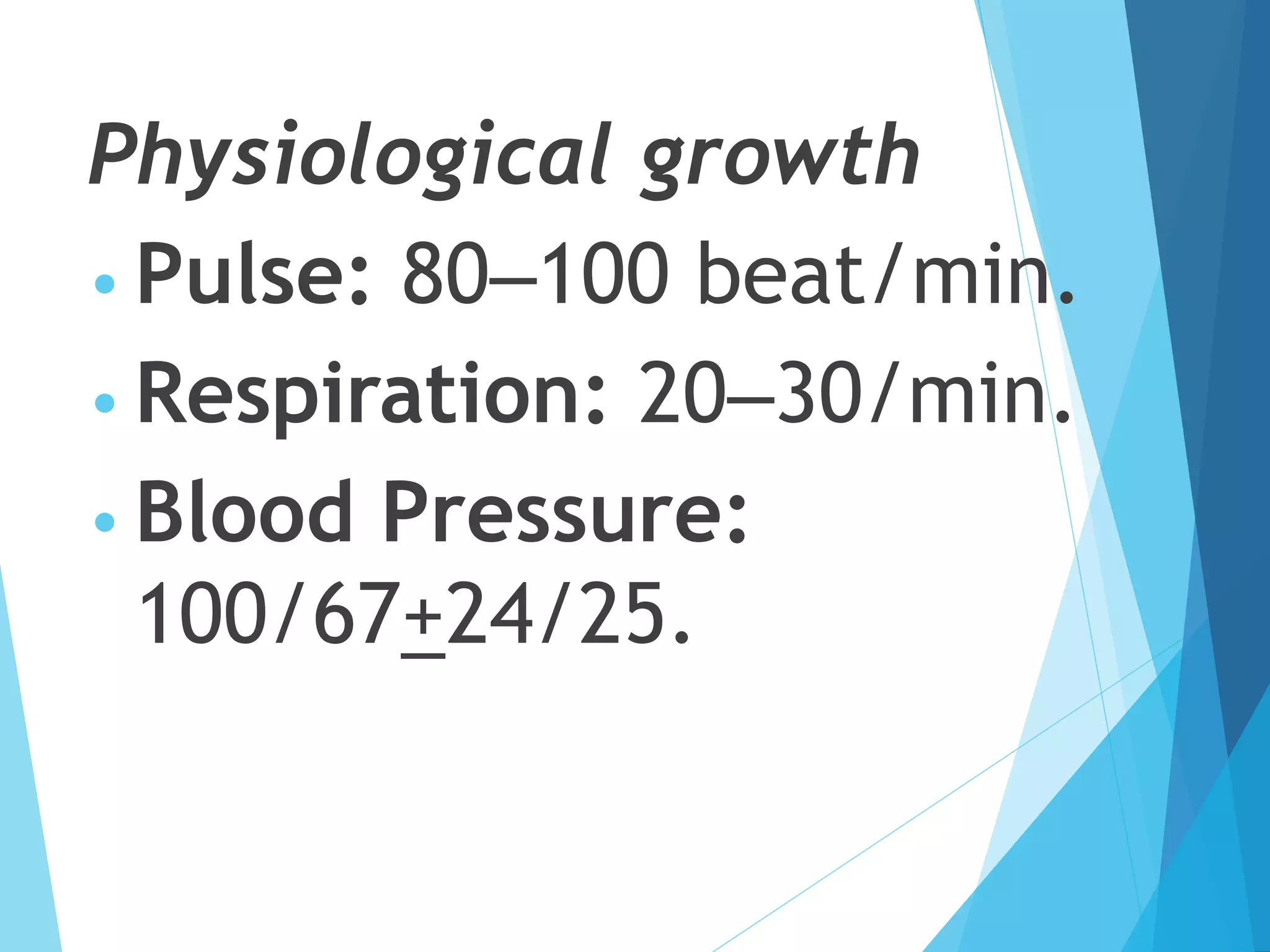 Physiological growth
• Pulse: 80–100 beat/min.
• Respiration: 20–30/min.
• Blood Pressure:
100/67+24/25.
 
