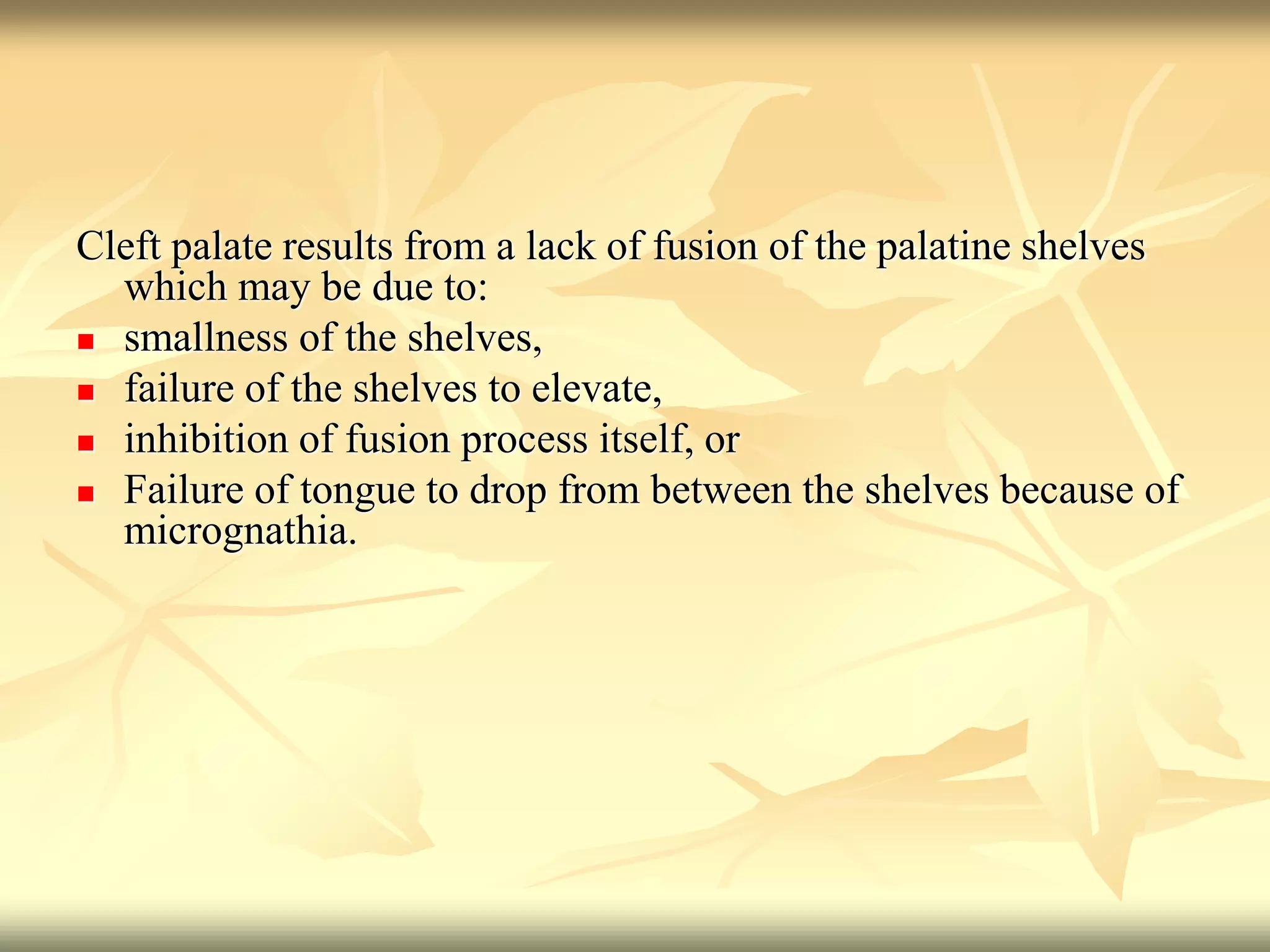 Cleft palate results from a lack of fusion of the palatine shelves
which may be due to:
 smallness of the shelves,
 failure of the shelves to elevate,
 inhibition of fusion process itself, or
 Failure of tongue to drop from between the shelves because of
micrognathia.
 
