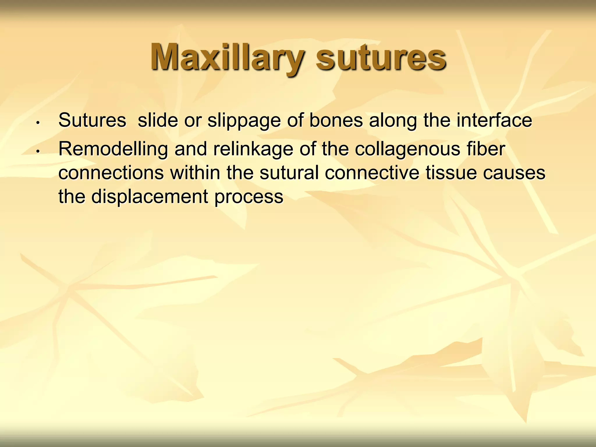 Maxillary sutures
• Sutures slide or slippage of bones along the interface
• Remodelling and relinkage of the collagenous fiber
connections within the sutural connective tissue causes
the displacement process
 