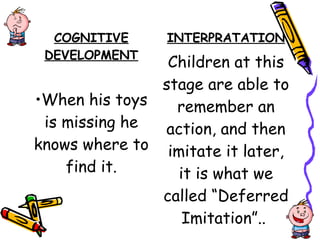 COGNITIVE
DEVELOPMENT
•When his toys
is missing he
knows where to
find it.
INTERPRATATION
Children at this
stage are able to
remember an
action, and then
imitate it later,
it is what we
called “Deferred
Imitation”..
 