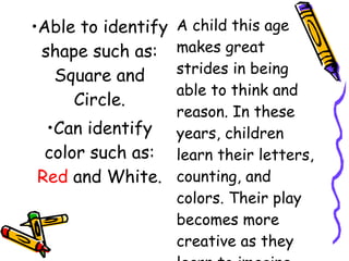 •Able to identify
shape such as:
Square and
Circle.
•Can identify
color such as:
Red and White.
A child this age
makes great
strides in being
able to think and
reason. In these
years, children
learn their letters,
counting, and
colors. Their play
becomes more
creative as they
 