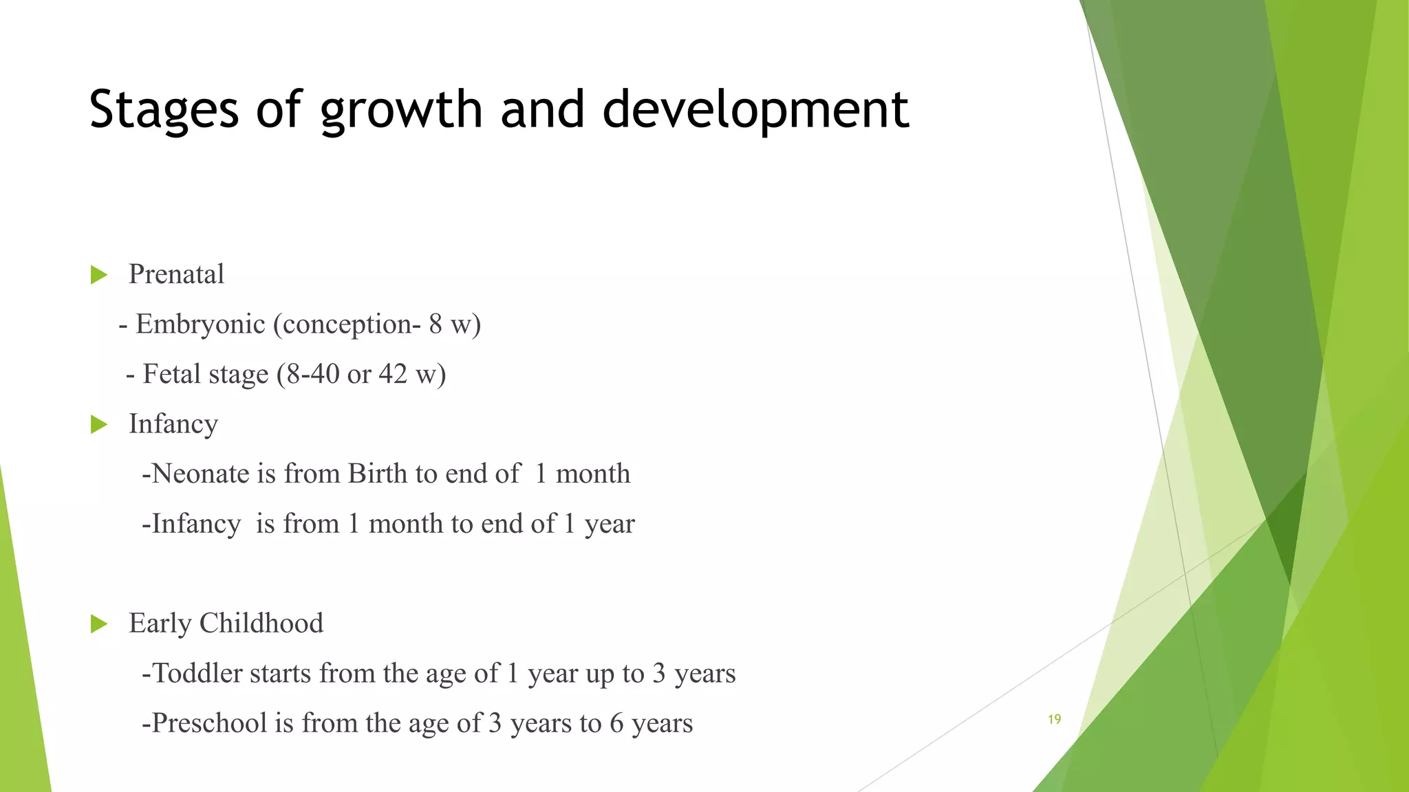 Stages of growth and development
 Prenatal
- Embryonic (conception- 8 w)
- Fetal stage (8-40 or 42 w)
 Infancy
-Neonate is from Birth to end of 1 month
-Infancy is from 1 month to end of 1 year
 Early Childhood
-Toddler starts from the age of 1 year up to 3 years
-Preschool is from the age of 3 years to 6 years 19
 