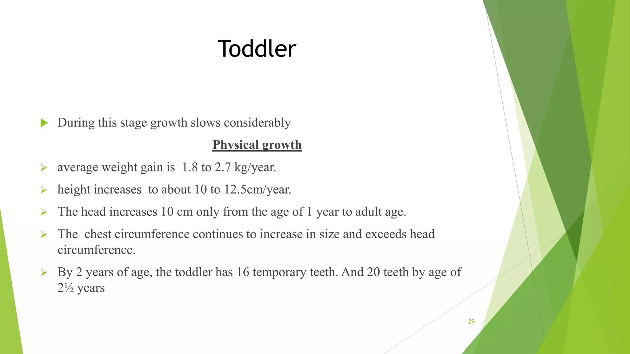 Toddler
 During this stage growth slows considerably
Physical growth
 average weight gain is 1.8 to 2.7 kg/year.
 height increases to about 10 to 12.5cm/year.
 The head increases 10 cm only from the age of 1 year to adult age.
 The chest circumference continues to increase in size and exceeds head
circumference.
 By 2 years of age, the toddler has 16 temporary teeth. And 20 teeth by age of
2½ years
29
 