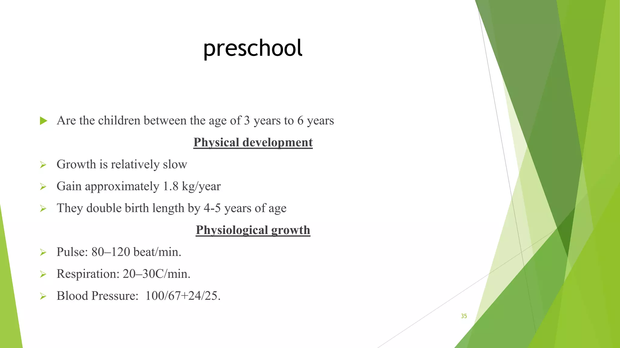 preschool
 Are the children between the age of 3 years to 6 years
Physical development
 Growth is relatively slow
 Gain approximately 1.8 kg/year
 They double birth length by 4-5 years of age
Physiological growth
 Pulse: 80–120 beat/min.
 Respiration: 20–30C/min.
 Blood Pressure: 100/67+24/25.
35
 