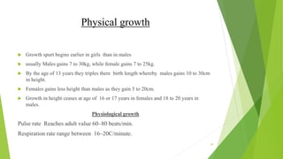 Physical growth
 Growth spurt begins earlier in girls than in males
 usually Males gains 7 to 30kg, while female gains 7 to 25kg.
 By the age of 13 years they triples there birth length whereby males gains 10 to 30cm
in height.
 Females gains less height than males as they gain 5 to 20cm.
 Growth in height ceases at age of 16 or 17 years in females and 18 to 20 years in
males.
Physiological growth
Pulse rate Reaches adult value 60–80 beats/min.
Respiration rate range between 16–20C/minute.
44
 