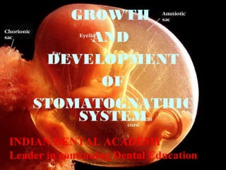 GROWTH
AND
DEVELOPMENT
OF
STOMATOGNATHIC
SYSTEM
INDIAN DENTAL ACADEMY
Leader in continuing Dental Educationwww.indiandentalacademy.com
 