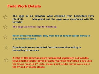 Field Work Details
The eggs of eri silkworm were collected from Sericulture Firm
(Central), Mangaldoi and the eggs were disinfected with 2%
formalin
The eggs were then kept for hatching.
When the larvae hatched, they were fed on tender castor leaves in
a controlled method
Experiments were conducted from the second moulting to
harvesting of cocoons
A total of 400 silkworms were maintained separately in 4 wooden
trays and the tender leaves of castor were fed four times a day until
the larvae reached 3rd instar stage. Semi tender leaves were fed in
the 4th and 5th instar stages
 