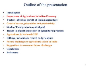 Outline of the presentation
• Introduction
• Importance of Agriculture in Indian Economy
• Factors affecting growth of Indian agriculture
• Growth in area, production and productivity
• Stock of Food grains in central pool
• Trends in import and export of agricultural products
• Agriculture & National GDP
• Different revolutions related to Agriculture
• Future challenges to agriculture sector in India
• Suggestions to overcome future challenges
• Conclusion
• References
2
 