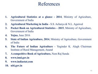 References
45
1. Agricultural Statistics at a glance - 2014, Ministry of Agriculture,
Government of India
2. Agricultural Marketing in India - S.S. Acharya & N.L. Agarwal
3. Pocket Book on Agricultural Statistics – 2015, Ministry of Agriculture,
Government of India
4. Yojna, June 2016
5. State of Indian Agriculture, 2014, Ministry of Agriculture, Government
of India
6. The Future of Indian Agriculture - Yoginder K. Alagh Chairman
Institute of Rural Management, Anand
7. A competitive Book of Agriculture, Nem Raj Sunda
8. www.imd.gov.in
9. www.indiastat.com
10. niti.gov.in
 