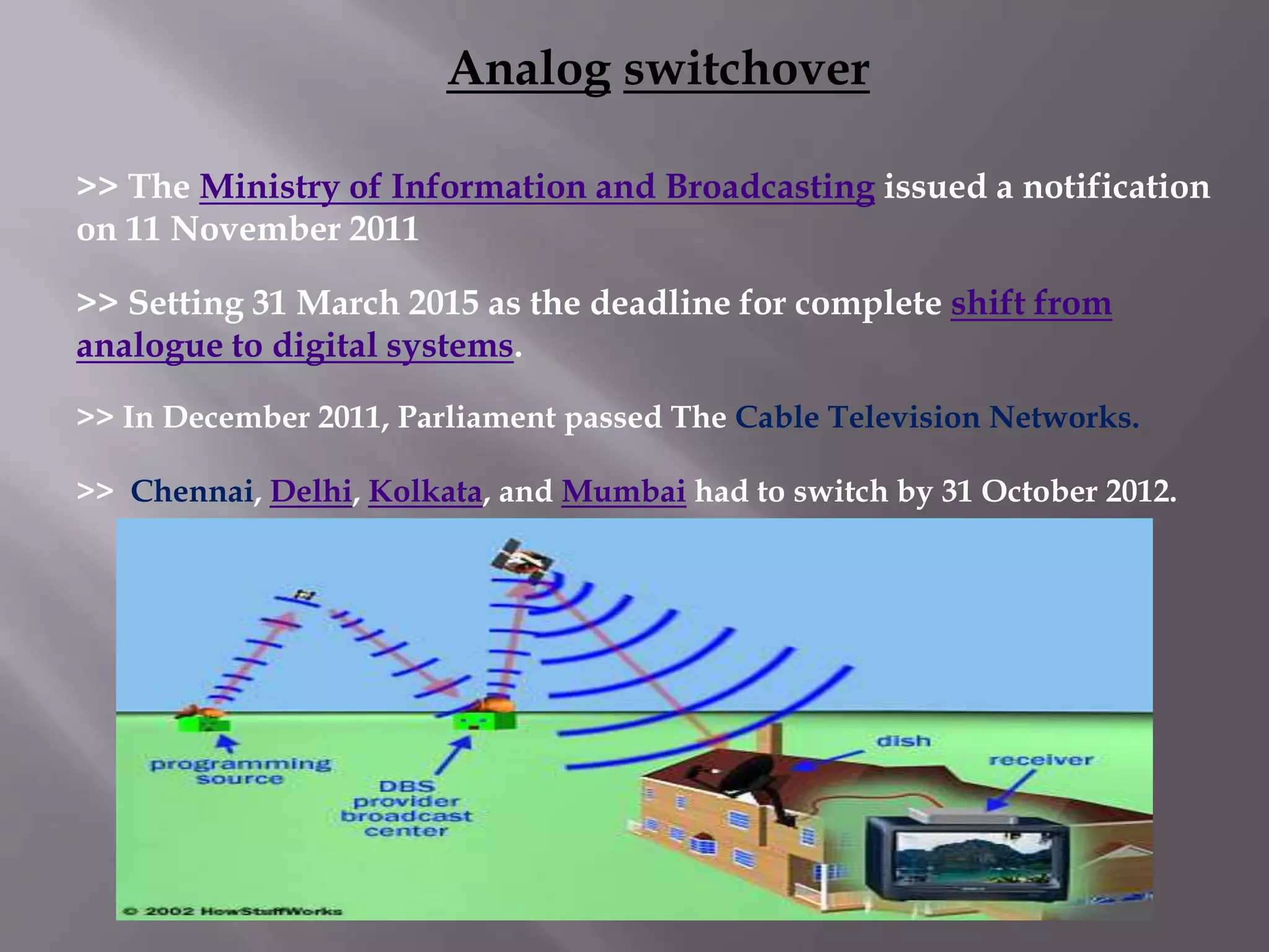 Analog switchover 
>> The Ministry of Information and Broadcasting issued a notification 
on 11 November 2011 
>> Setting 31 March 2015 as the deadline for complete shift from 
analogue to digital systems. 
>> In December 2011, Parliament passed The Cable Television Networks. 
>> Chennai, Delhi, Kolkata, and Mumbai had to switch by 31 October 2012. 
 