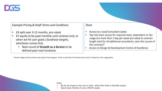 Notes
• We do not charge on time, but on value , which often leads to desirable outputs
• Typical Goals: Number of users, CPA/CPL targets
Example Pricing & Draft Terms and Conditions
• £X split over 3-12 months, pro-rated.
• £Y equity to be paid monthly until contract end, or
when we hit user goals / fundraise targets,
whichever comes first.
• Next round of Growth as a Service to be
defined post next fundraise
Team
• Access to a Lead Consultant (Jake)
• Tap into team access for required tasks, dependent on fair
usage (no more than 1 day per week pro rated to contract
length total for all additional consultants, over the course of
the contract)*
• Access to Design & Development Centre of Excellence
*Certain stages of the contract may require more support, there is some flex in the team access, but it’s based on a fair usage policy
 