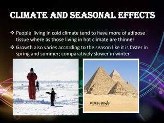  People living in cold climate tend to have more of adipose
tissue where as those living in hot climate are thinner
 Growth also varies according to the season like it is faster in
spring and summer; comparatively slower in winter
 