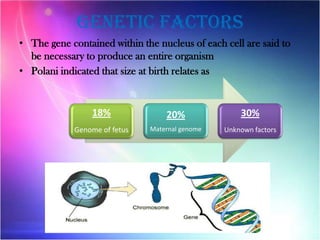 Genetic factors
• The gene contained within the nucleus of each cell are said to
be necessary to produce an entire organism
• Polani indicated that size at birth relates as
18%
Genome of fetus
20%
Maternal genome
30%
Unknown factors
 
