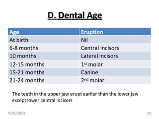 D. Dental Age
Age Eruption
At birth Nil
6-8 months Central incisors
10 months Lateral incisors
12-15 months 1st molar
15-21 months Canine
21-24 months 2nd molar
The teeth in the upper jaw erupt earlier than the lower jaw
except lower central incisors
4/28/2023 59
 