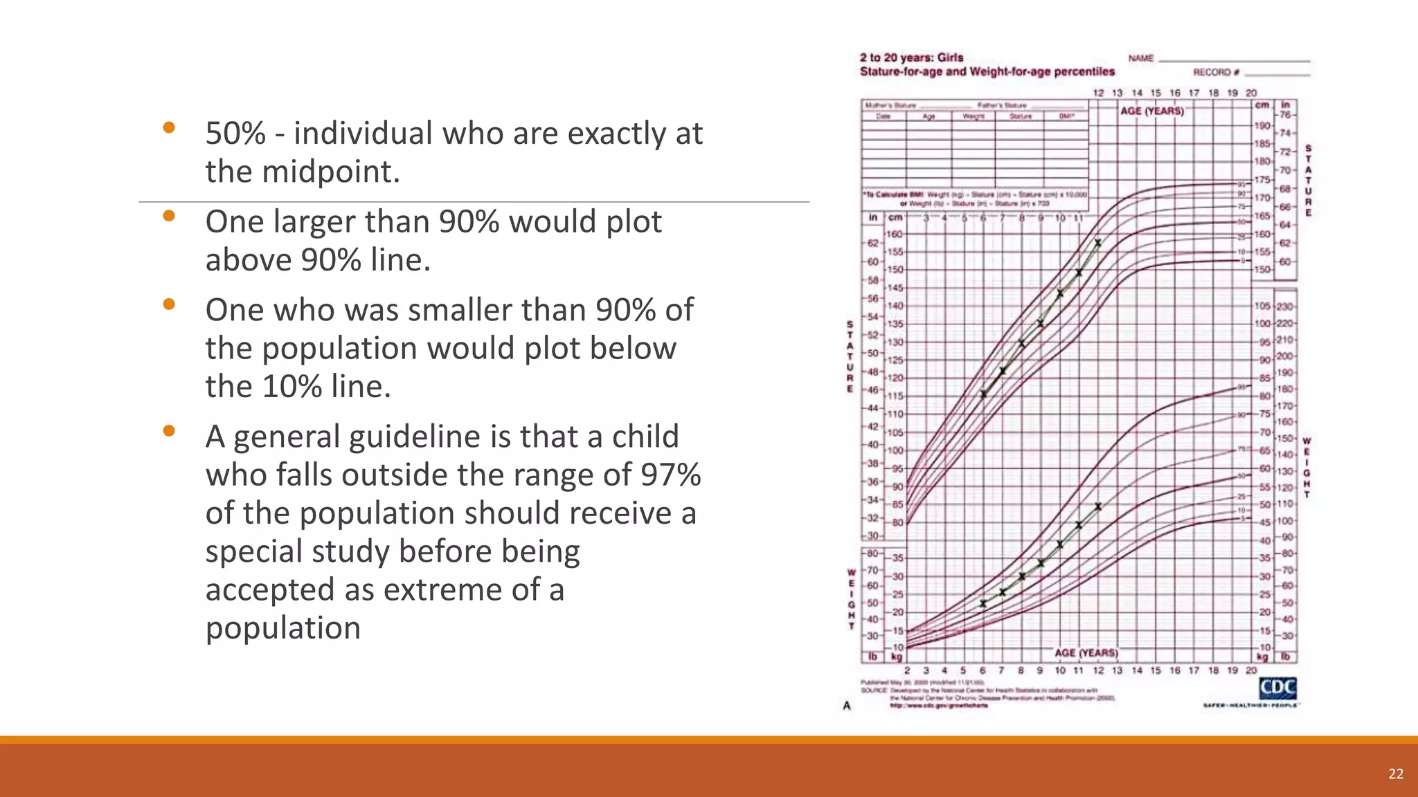 • 50% - individual who are exactly at
the midpoint.
• One larger than 90% would plot
above 90% line.
• One who was smaller than 90% of
the population would plot below
the 10% line.
• A general guideline is that a child
who falls outside the range of 97%
of the population should receive a
special study before being
accepted as extreme of a
population
22
 