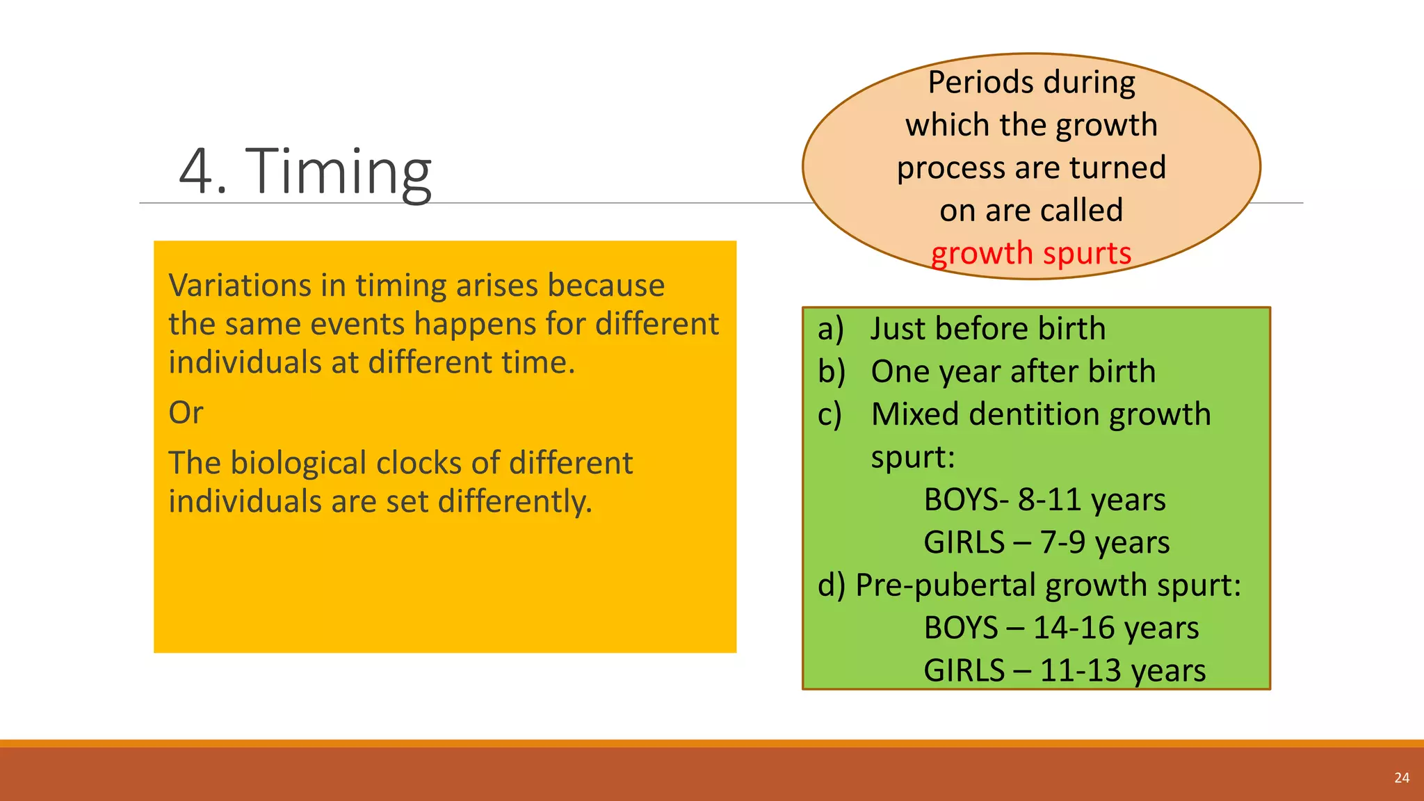 4. Timing
Variations in timing arises because
the same events happens for different
individuals at different time.
Or
The biological clocks of different
individuals are set differently.
24
Periods during
which the growth
process are turned
on are called
growth spurts
a) Just before birth
b) One year after birth
c) Mixed dentition growth
spurt:
BOYS- 8-11 years
GIRLS – 7-9 years
d) Pre-pubertal growth spurt:
BOYS – 14-16 years
GIRLS – 11-13 years
 