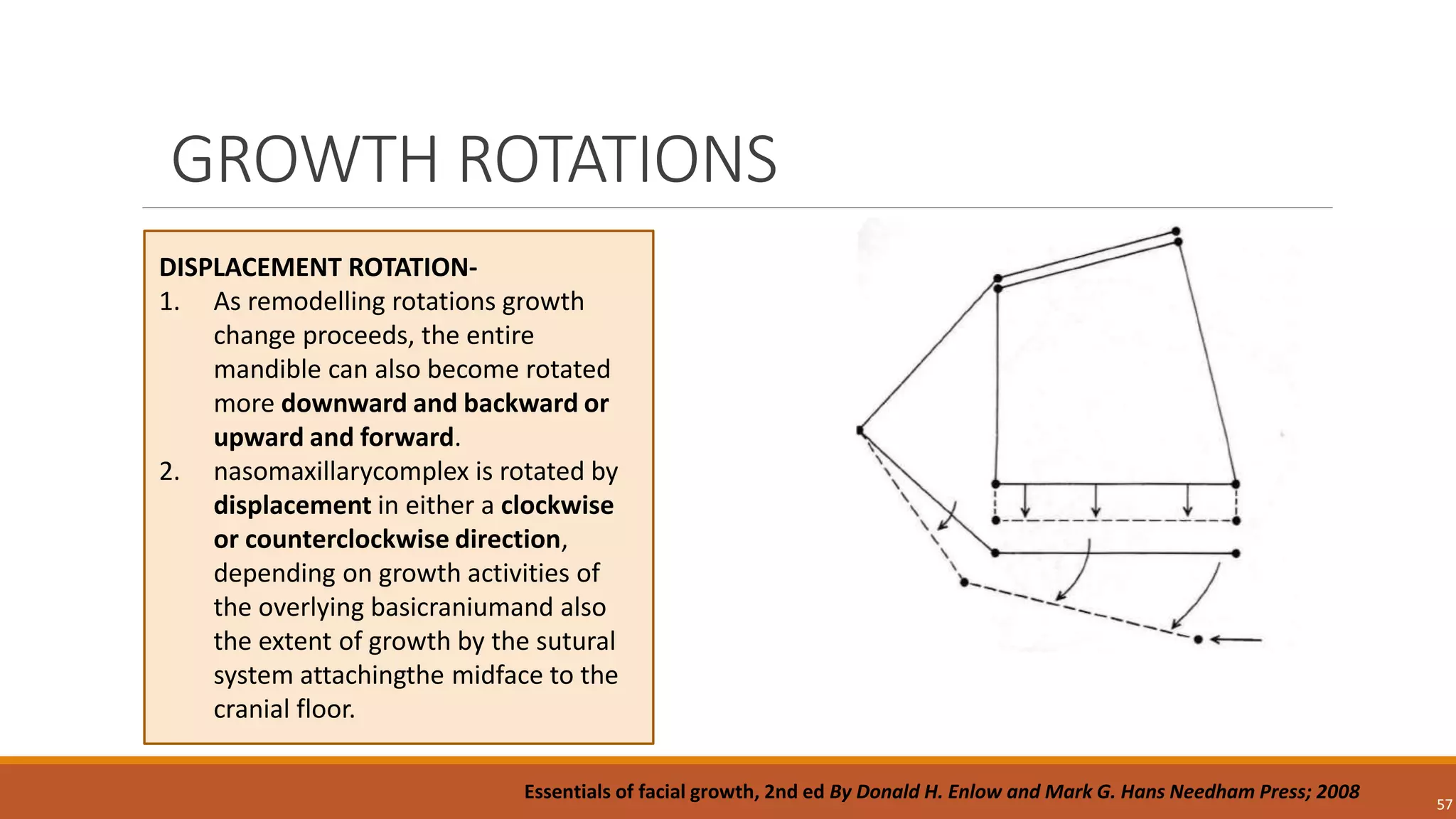 GROWTH ROTATIONS
57
DISPLACEMENT ROTATION-
1. As remodelling rotations growth
change proceeds, the entire
mandible can also become rotated
more downward and backward or
upward and forward.
2. nasomaxillarycomplex is rotated by
displacement in either a clockwise
or counterclockwise direction,
depending on growth activities of
the overlying basicraniumand also
the extent of growth by the sutural
system attachingthe midface to the
cranial floor.
Essentials of facial growth, 2nd ed By Donald H. Enlow and Mark G. Hans Needham Press; 2008
 