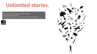 Unlimited stories.
Furthermore there are unlimited stories in the world.
What is the right stories to tell?
If you don’t k...