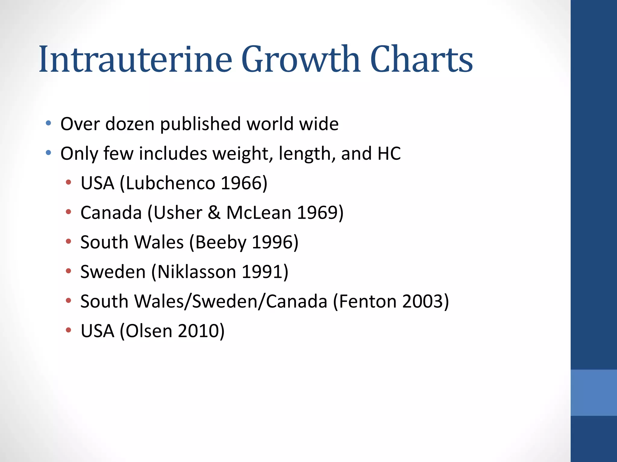 Intrauterine Growth Charts
• Over dozen published world wide
• Only few includes weight, length, and HC
• USA (Lubchenco 1966)
• Canada (Usher & McLean 1969)
• South Wales (Beeby 1996)
• Sweden (Niklasson 1991)
• South Wales/Sweden/Canada (Fenton 2003)
• USA (Olsen 2010)
 