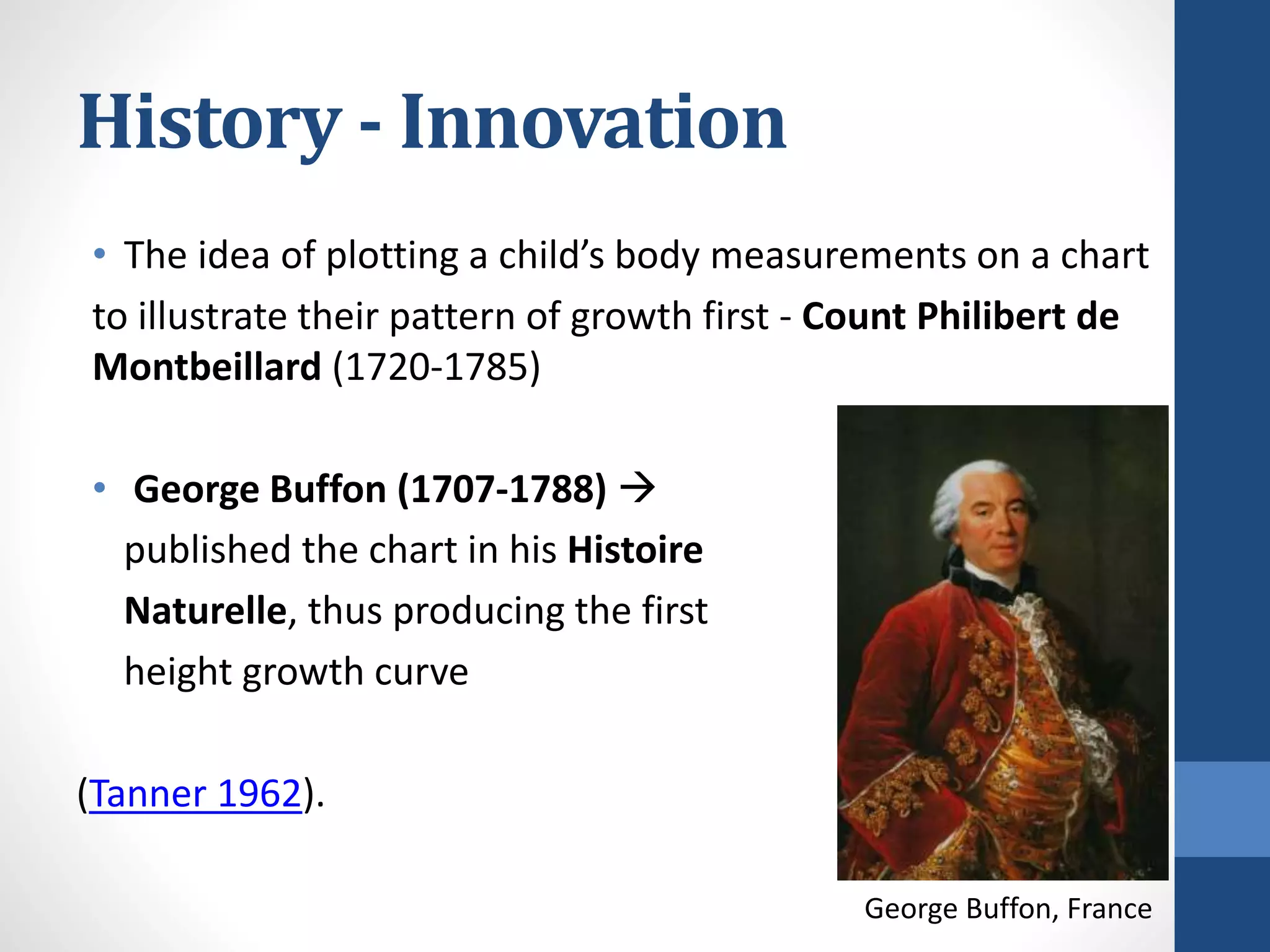 History - Innovation
• The idea of plotting a child’s body measurements on a chart
to illustrate their pattern of growth first - Count Philibert de
Montbeillard (1720-1785)
• George Buffon (1707-1788) 
published the chart in his Histoire
Naturelle, thus producing the first
height growth curve
(Tanner 1962).
George Buffon, France
 
