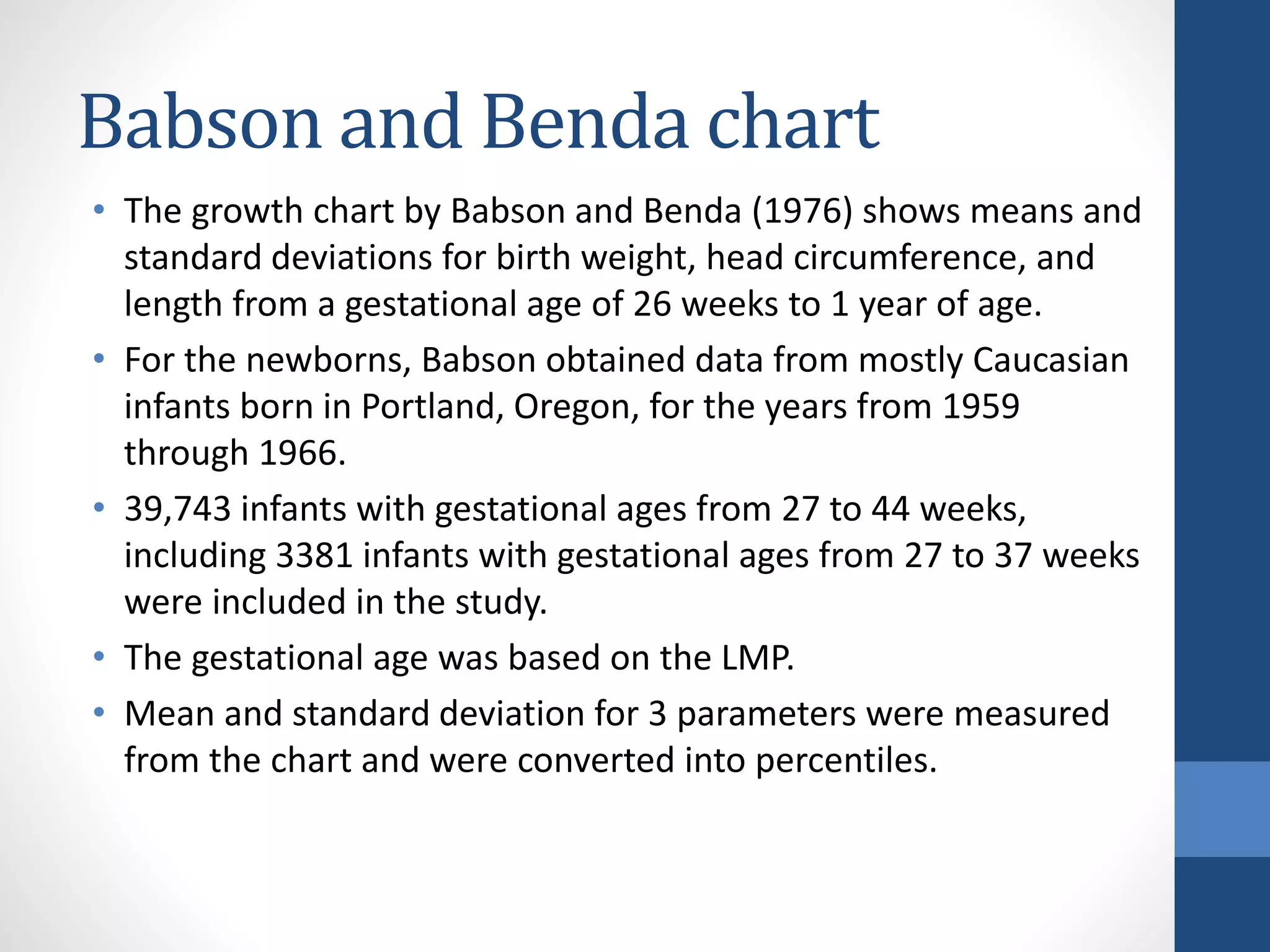 Babson and Benda chart
• The growth chart by Babson and Benda (1976) shows means and
standard deviations for birth weight, head circumference, and
length from a gestational age of 26 weeks to 1 year of age.
• For the newborns, Babson obtained data from mostly Caucasian
infants born in Portland, Oregon, for the years from 1959
through 1966.
• 39,743 infants with gestational ages from 27 to 44 weeks,
including 3381 infants with gestational ages from 27 to 37 weeks
were included in the study.
• The gestational age was based on the LMP.
• Mean and standard deviation for 3 parameters were measured
from the chart and were converted into percentiles.
 