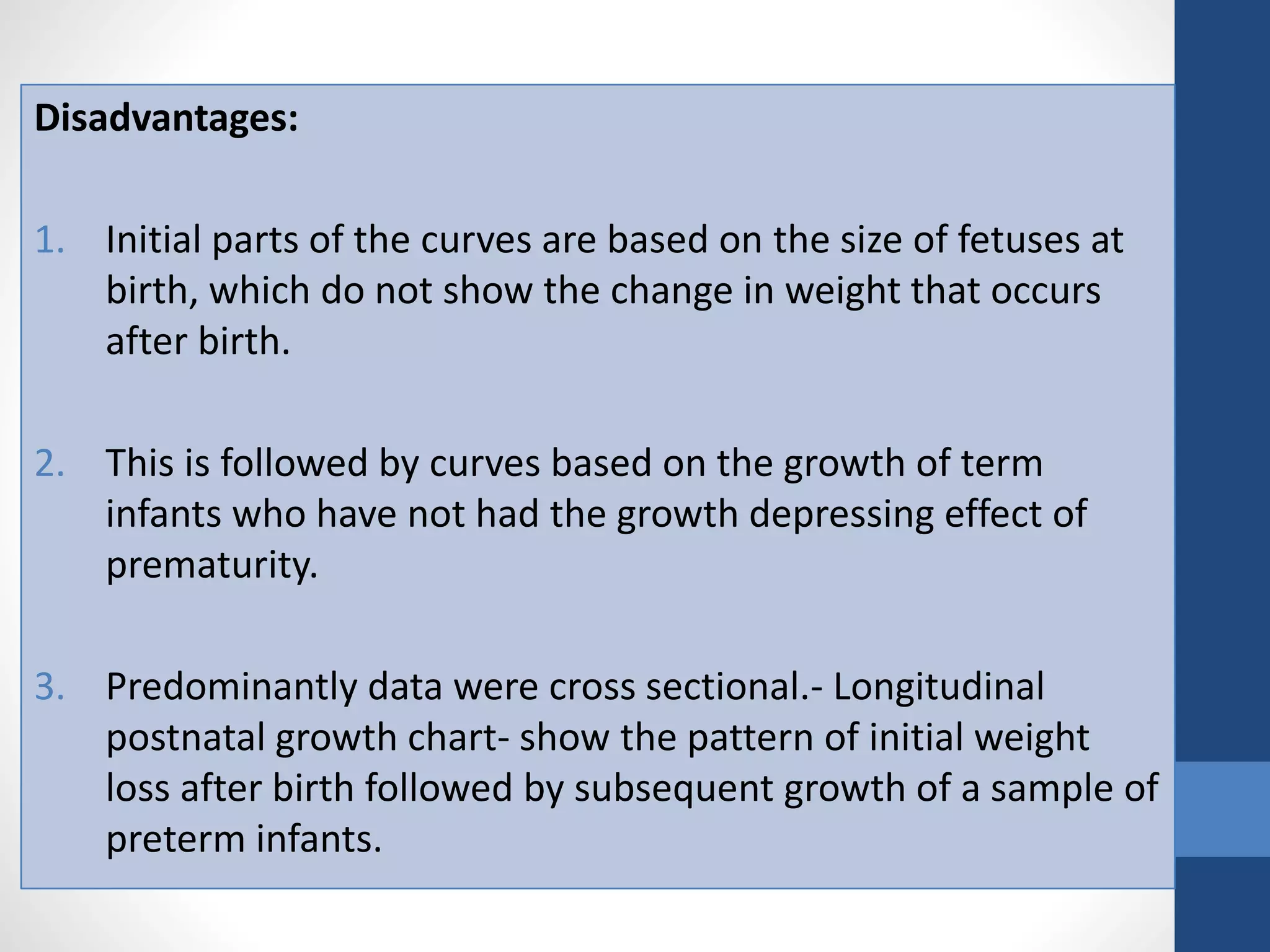 Disadvantages:
1. Initial parts of the curves are based on the size of fetuses at
birth, which do not show the change in weight that occurs
after birth.
2. This is followed by curves based on the growth of term
infants who have not had the growth depressing effect of
prematurity.
3. Predominantly data were cross sectional.- Longitudinal
postnatal growth chart- show the pattern of initial weight
loss after birth followed by subsequent growth of a sample of
preterm infants.
 