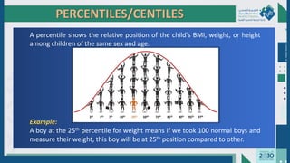 Dr.
Majdi
AlJasim
PERCENTILES/CENTILES
A percentile shows the relative position of the child's BMI, weight, or height
among children of the same sex and age.
Example:
A boy at the 25th percentile for weight means if we took 100 normal boys and
measure their weight, this boy will be at 25th position compared to other.
3rd 5th 7th 10th 25th 50th 75th 85th 90th 95th 97th
 
