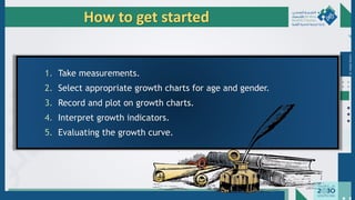 Dr.
Majdi
AlJasim
How to get started
1. Take measurements.
2. Select appropriate growth charts for age and gender.
3. Record and plot on growth charts.
4. Interpret growth indicators.
5. Evaluating the growth curve.
 