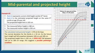 Dr.
Majdi
AlJasim
Mid-parental and projected height
●
●
●
●
A
●
B
 Point A represents current child height centile (5th here).
 Point B is the estimated projected height on the same 5th
centile at age 20-year old.
The projected height here is 165 cm.
 The measured father height is 180 cm
 The measured mother height is 165 cm
The calculated mid-parental height = 179 cm for boys
The normal deviation for the family is ± 10 cm. So the future
boy’s height will fall anywhere between 169 cm and 189 cm.
The projected height here is 165 cm, it DOES NOT fall between
169 cm to 189 cm range, this suggests a possible pathologic
condition.
Example #2:
 