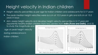Height velocity in Indian children
 Height velocity percentiles as per age for Indian children and adolescents for 5-17 years
 The peak median height velocities were 6.6 cm at 10.5 years in girls and 6.8 cm at 13.5
years in boys
 Aim: assess height velocity and develop height velocity percentiles in 5-17-year-old
apparently healthy Indian children from two centers from India (Pune and Delhi), and (ii)
to study the magnitude and
age at peak height velocity
during adolescence in
Indian children.
 