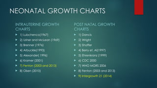 NEONATAL GROWTH CHARTS
INTRAUTERINE GROWTH
CHARTS
 1) Lubchenco(1967)
 2) Usher and McLean (1969)
 3) Brenner (1976)
 4) Arbuckle(1993)
 5) Alexander( 1996)
 6) Kramer (2001)
 7) Fenton (2003 and 2013)
 8) Olsen (2010)
POST NATAL GROWTH
CHARTS
 1) Dancis
 2) Wright
 3) Shaffer
 4) Berry et. Al(1997)
 5) Ehrenkranz (1999)
 6) CDC 2000
 7) WHO MGRS 2006
 8) Fenton (2003 and 2013)
 9) Intergrowth 21 (2014)
 