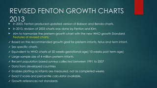 REVISED FENTON GROWTH CHARTS
2013
 In 2003, Fenton produced updated version of Babson and Benda charts.
 In 2013, revision of 2003 charts was done by Fenton and Kim.
 Aim to harmonize the preterm growth chart with the new WHO growth Standard
Features of revised charts:
✓ Based on the recommended growth goal for preterm infants, fetus and term infant.
✓ Sex specific charts.
✓ Equivalent to WHO charts at 50 weeks gestational age( 10 weeks post term age)
✓ Large sample size of 4 million preterm infants
✓ Recent population based surveys collected between 1991 to 2007
✓ Data from developed countries
✓ Enables plotting as infants are measured, not as completed weeks
✓ Exact Z score and percentile calculator available.
✓ Growth references not standards
 