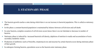 3. STATIONARY PHASE
 The bacteria growth reaches a state during which there is no net increase in bacterial population. This is called as stationary
phase.
 In this phase a constant bacterial population is maintained by balance between cell division and cell death.
 In some bacteria, complete cessation of cell division occurs hence there is no net increase or decrease in number of
bacteria.
 Stationary phase is induced by- increased bacterial cell density, depletion of nutrition in media and accumulation of toxic
secondary metabolic wastes.
 Production of antibiotics such as Penicillin, streptomycin etc and enzymes by certain bacteria occur during stationary phase
of their growth.
 In endospore forming bacteria, sporulation occur as the bacteria enter stationary phase.
 