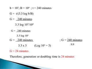 b = 10⁷; B = 10⁴ ; t = 240 minutes
G = t/(3.3 log b/B)
G = 240 minutes
3.3 log 107/104
G = 240 minutes
3.3 log 10³
G = 240 minutes ; G = 240 minutes
3.3 x 3 (Log 10³ = 3) 9.9
G = 24 minutes
Therefore, generation or doubling time is 24 minutes
 