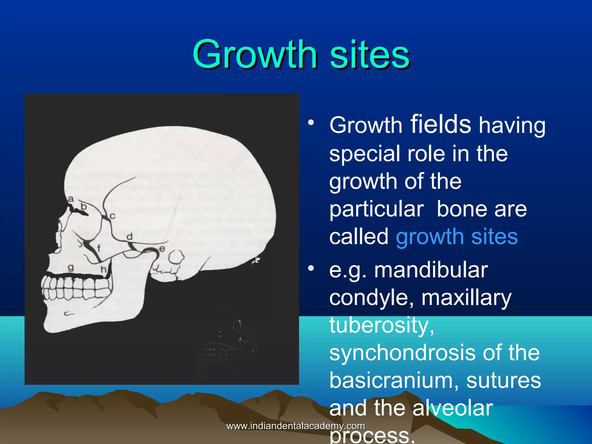 Growth sitesGrowth sites
• Growth fields having
special role in the
growth of the
particular bone are
called growth sites
• e.g. mandibular
condyle, maxillary
tuberosity,
synchondrosis of the
basicranium, sutures
and the alveolar
process.
www.indiandentalacademy.comwww.indiandentalacademy.com
 