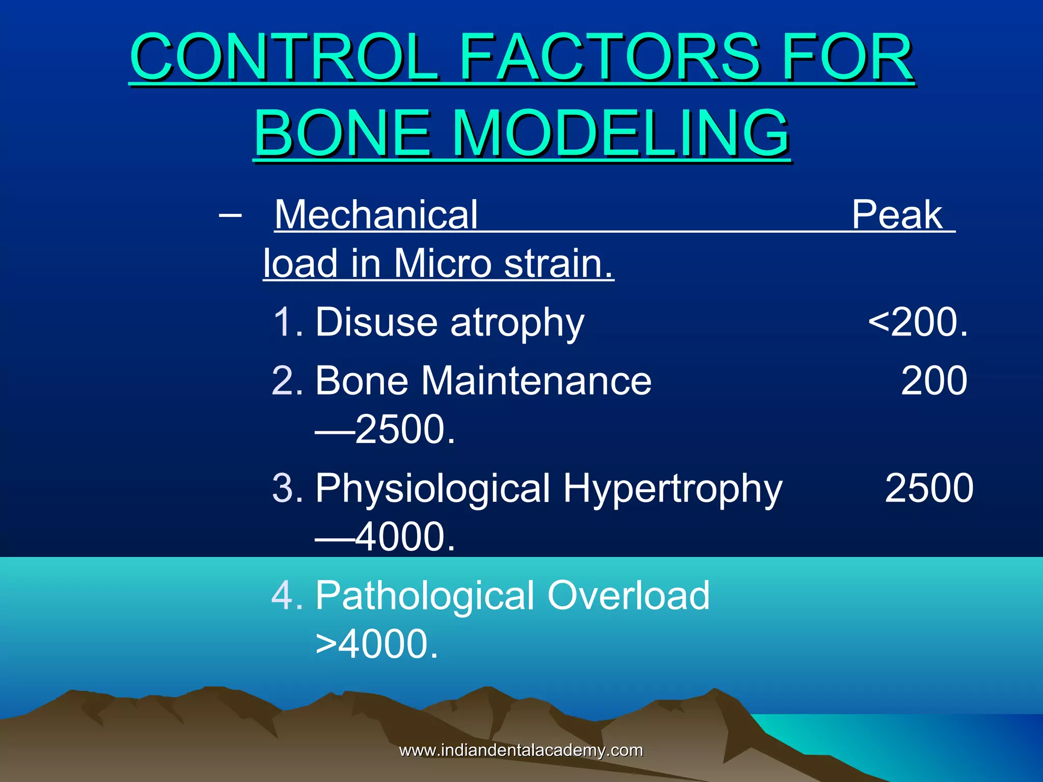 CONTROL FACTORS FORCONTROL FACTORS FOR
BONE MODELINGBONE MODELING
– Mechanical Peak
load in Micro strain.
1. Disuse atrophy <200.
2. Bone Maintenance 200
—2500.
3. Physiological Hypertrophy 2500
—4000.
4. Pathological Overload
>4000.
www.indiandentalacademy.comwww.indiandentalacademy.com
 