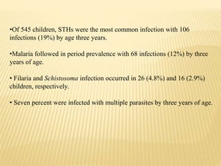 •Of 545 children, STHs were the most common infection with 106
infections (19%) by age three years.
•Malaria followed in period prevalence with 68 infections (12%) by three
years of age.
• Filaria and Schistosoma infection occurred in 26 (4.8%) and 16 (2.9%)
children, respectively.
• Seven percent were infected with multiple parasites by three years of age.
 