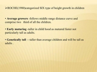 ROCHE(1980)categorized SIX type of height growth in children
• Average growers -follows middle range distance curve and
comprise two third of all the children.
• Early maturing -taller in child hood as matured faster not
particularly tall as adults.
• Genetically tall —taller than average children and will be tall as
adults .
 