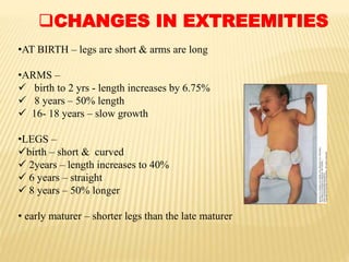 CHANGES IN EXTREEMITIES
•AT BIRTH – legs are short & arms are long
•ARMS –
 birth to 2 yrs - length increases by 6.75%
 8 years – 50% length
 16- 18 years – slow growth
•LEGS –
birth – short & curved
 2years – length increases to 40%
 6 years – straight
 8 years – 50% longer
• early maturer – shorter legs than the late maturer
 