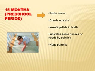 15 MONTHS
(PRESCHOOL
PERIOD)
•Walks alone
•Crawls upstairs
•Inserts pellets in bottle
•Indicates some desires or
needs by pointing
•Hugs parents
 