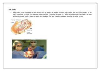 Nine Moths
• Babies differ in size, depending on many factors (such as gender, the number of babies being carried, and size of the parents), so the
baby's overall rate of growth is as important as the actual size. On average, it's about 18.5 inches and weighs close to 6 pounds. The brain
has been developing rapidly. Lungs are nearly fully developed. The head is usually positioned down into the pelvis by now.
 