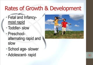 Rates of Growth & Development
• Fetal and Infancy-
most rapid
• Toddler- slow
• Preschool-
alternating rapid and
slow
• School age- slower
• Adolescent- rapid 11
 