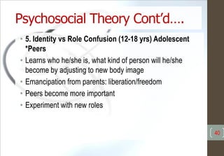Psychosocial Theory Cont’d….
• 5. Identity vs Role Confusion (12-18 yrs) Adolescent
*Peers
• Learns who he/she is, what kind of person will he/she
become by adjusting to new body image
• Emancipation from parents: liberation/freedom
• Peers become more important
• Experiment with new roles
40
 