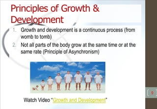 Principles of Growth &
Development
1. Growth and development is a continuous process (from
womb to tomb)
2. Not all parts of the body grow at the same time or at the
same rate (Principle of Asynchronism)
9
Watch Video “Growth and Development”
 